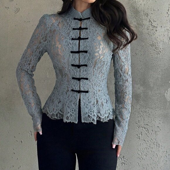 Dusty Blue Casual Women's Button Waist Lace Blouse - Picture 7 of 8